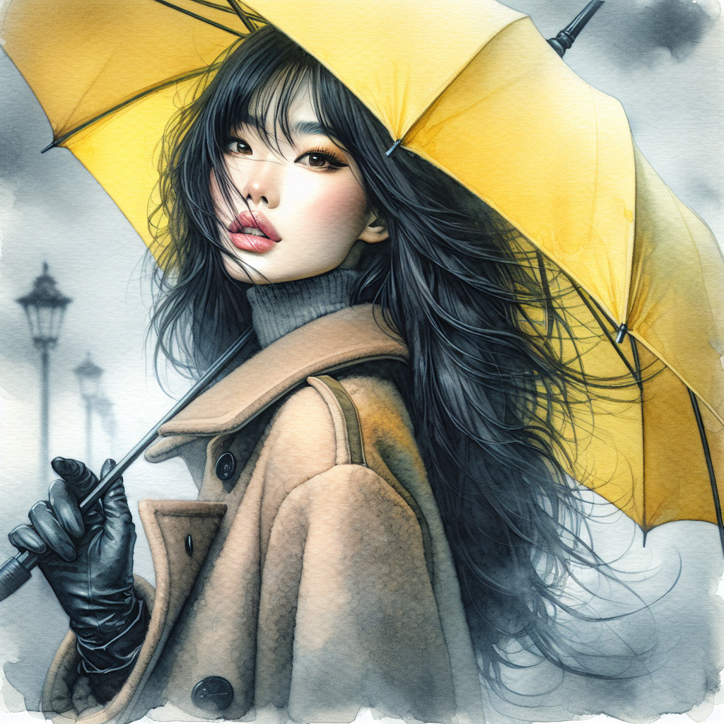 Young Woman with Yellow Umbrella in Urban Setting