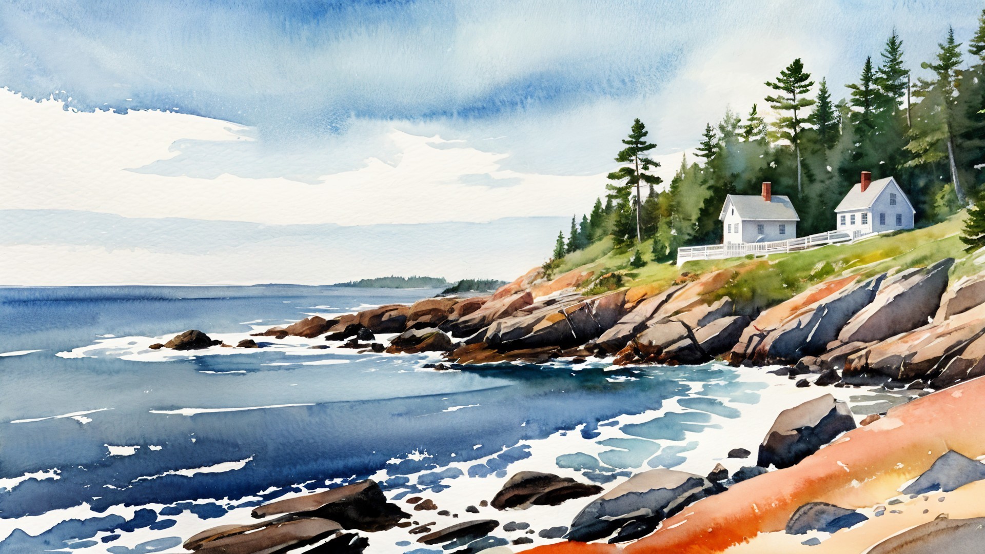 Coastal Landscape with Houses and Rocky Shores