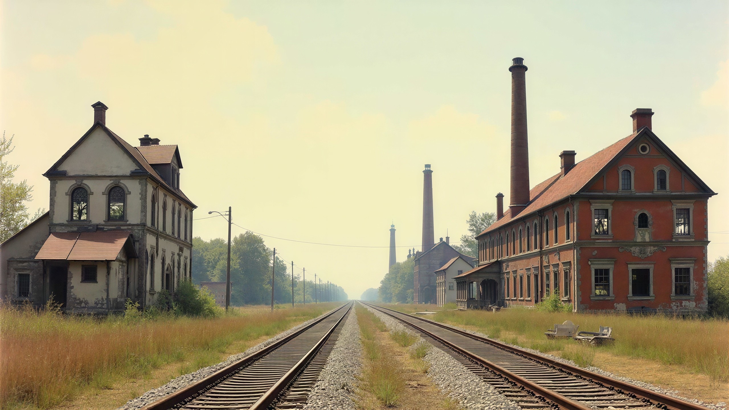 Parallel train tracks under a pale yellow sky