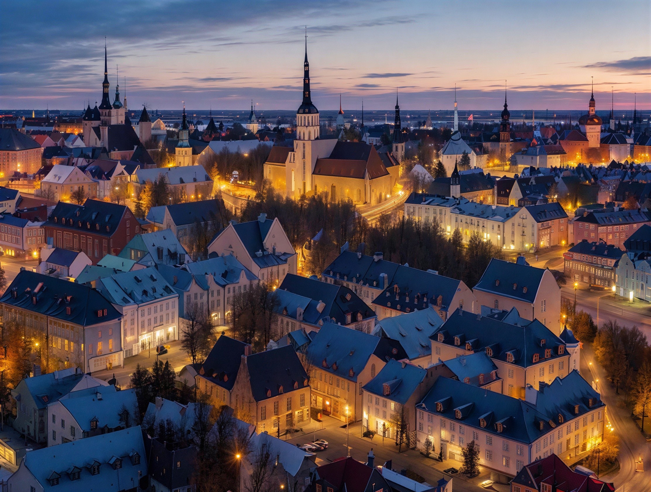 Aerial View of Old Town Tallinn at Dusk