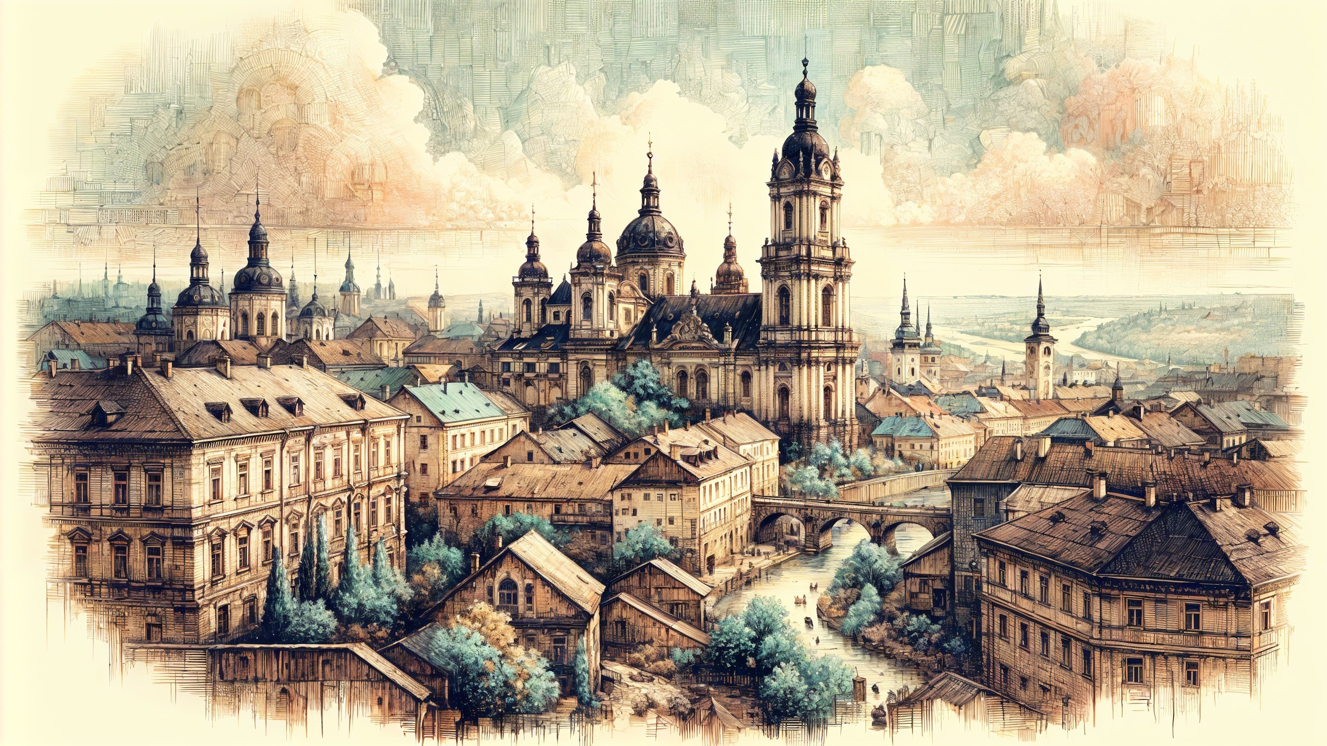 Picturesque Cityscape with Intricate Architecture and Greenery