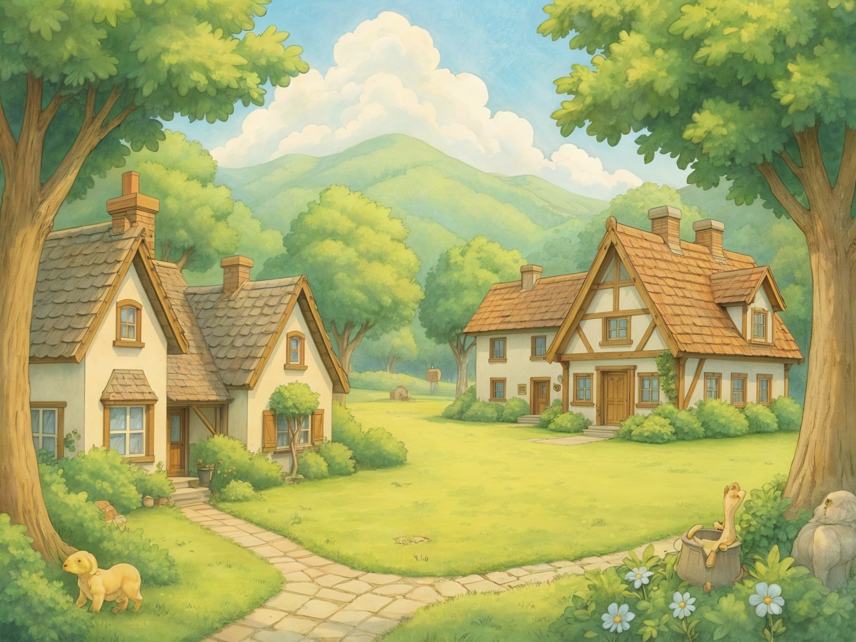 Charming Cottages in a Serene Countryside Scene