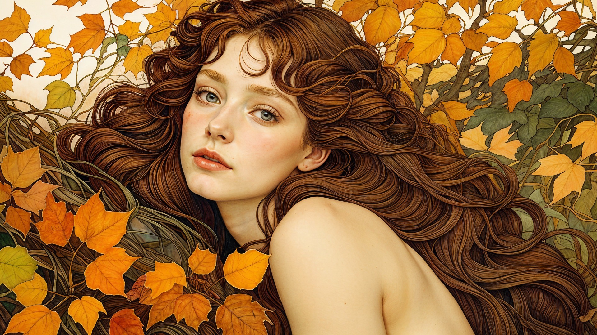 Young woman surrounded by vibrant autumn leaves