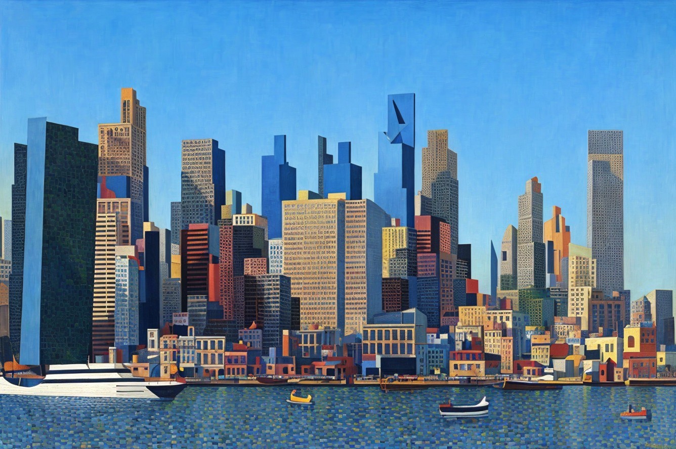 Vibrant Cityscape with Colorful Skyscrapers and Waterfront