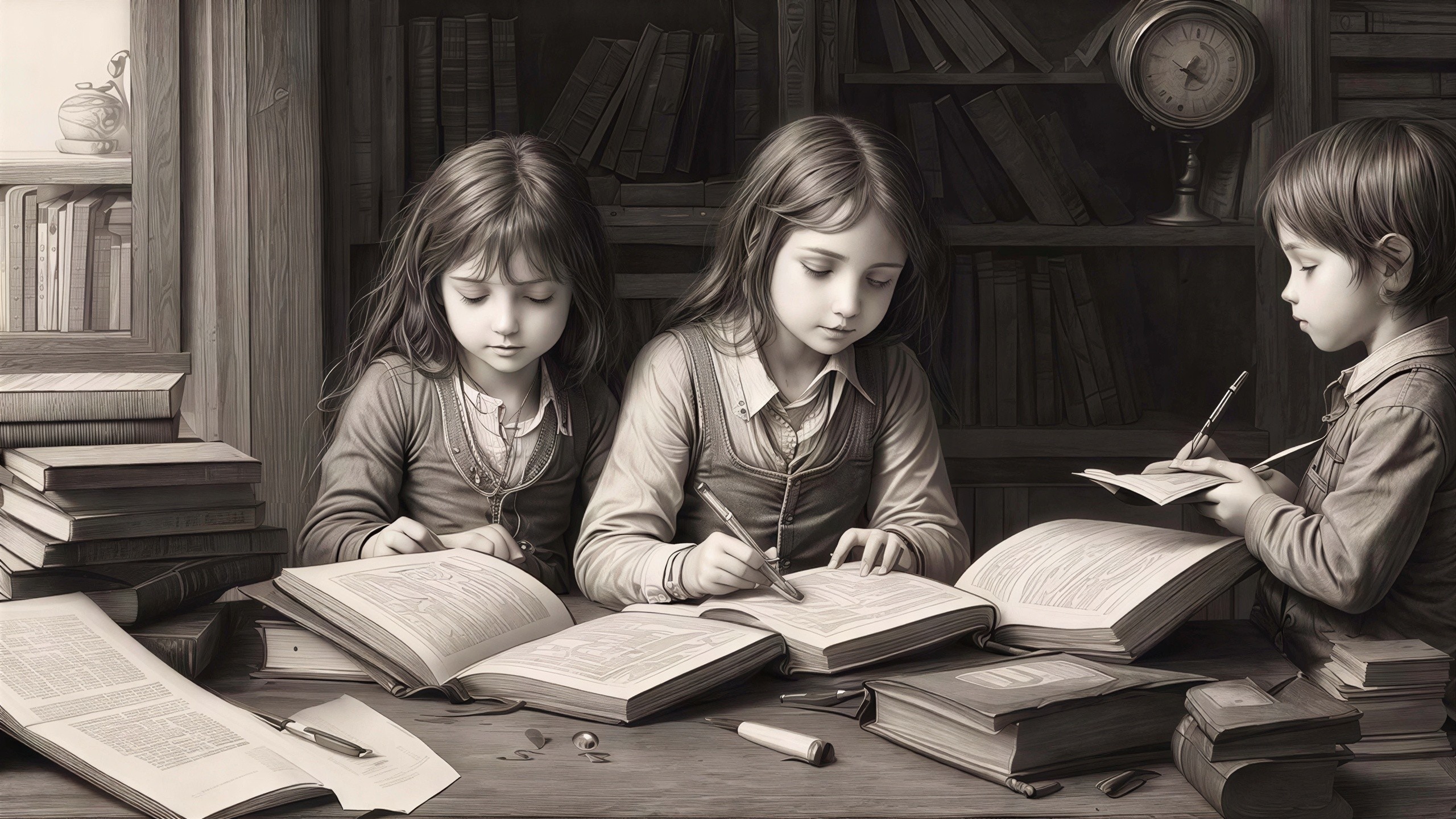 Children Reading in a Dimly Lit Library Setting