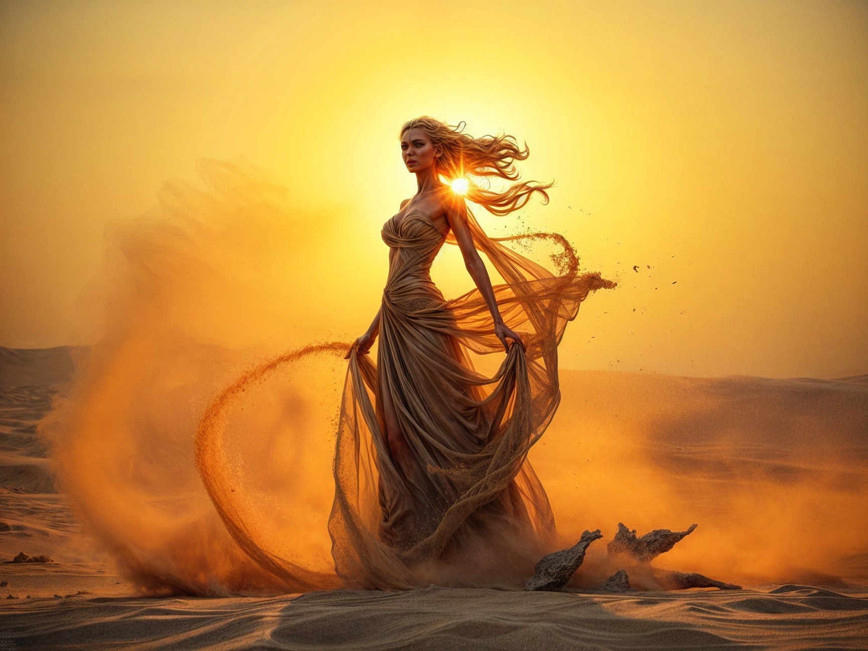 Silhouette in Desert at Sunset with Flowing Gown