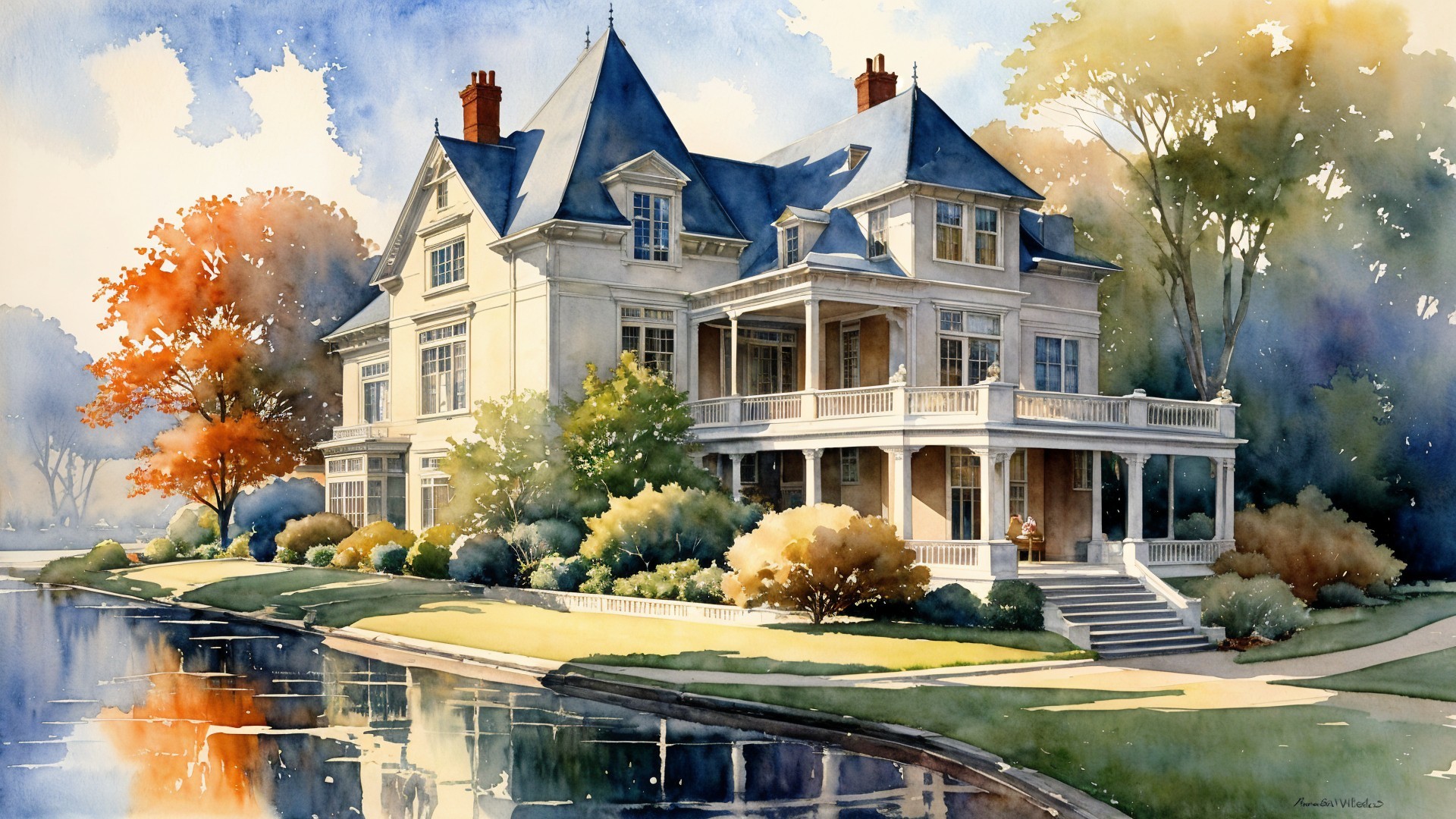 Picturesque Mansion by Serene Waterway in Autumn