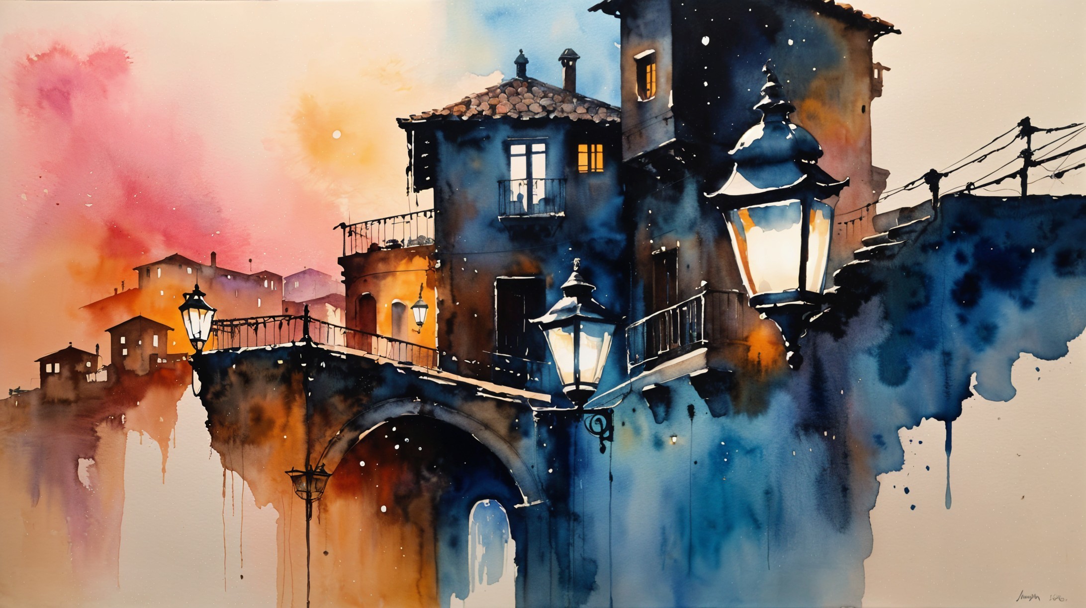 Watercolor Village Scene at Dusk with Cozy Ambiance