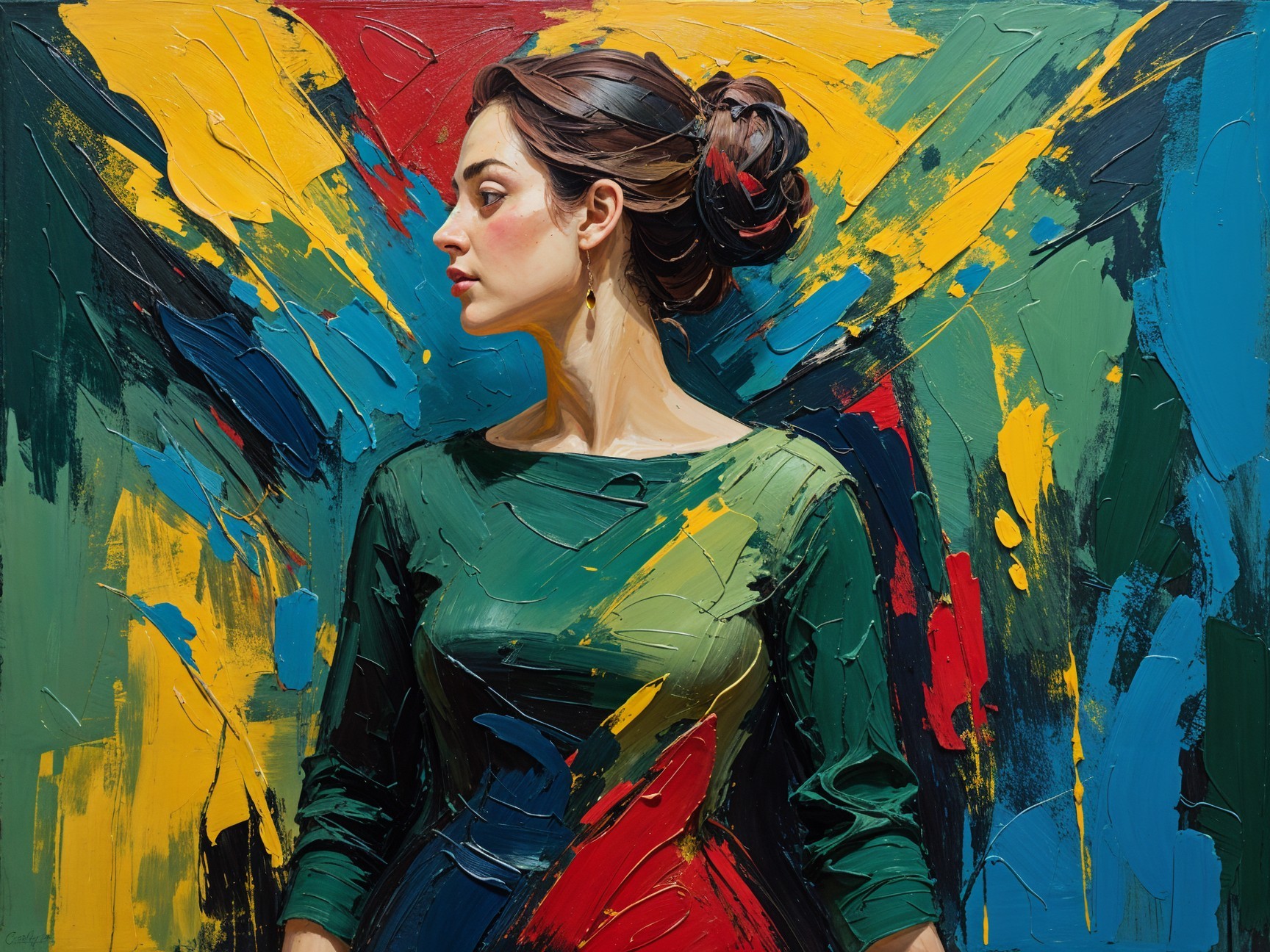 Woman in Green Dress Against Colorful Brushstrokes
