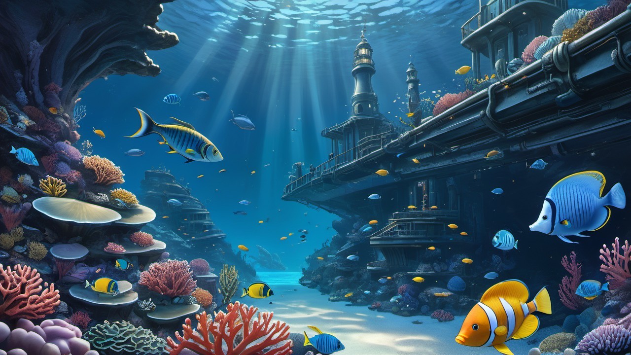 Vibrant Coral Reef with Colorful Fish and Sunken City