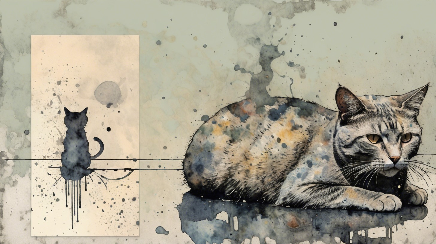 Watercolor Cat Artwork with Silhouette and Abstract Elements