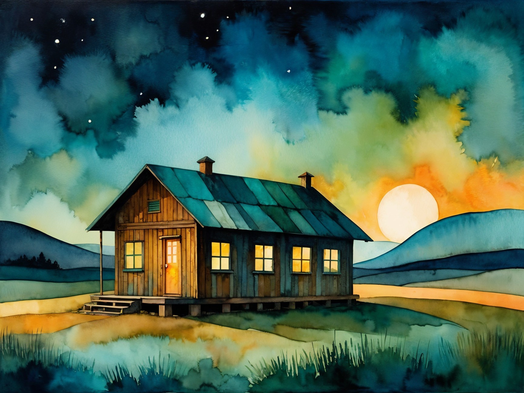 Rustic Cabin with Vibrant Sunset and Starry Sky