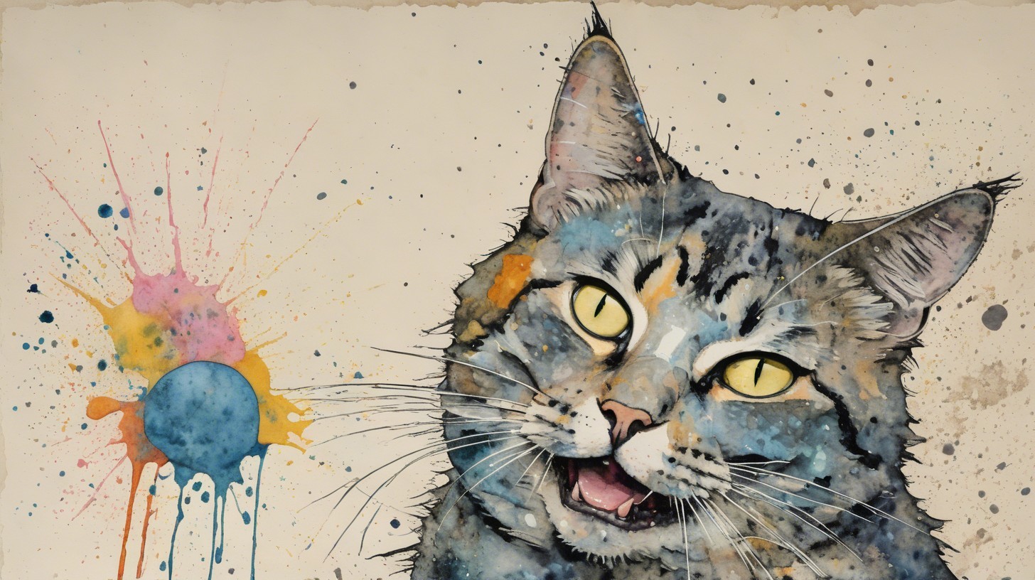 Vibrant Watercolor of a Playful Cat with Colorful Background
