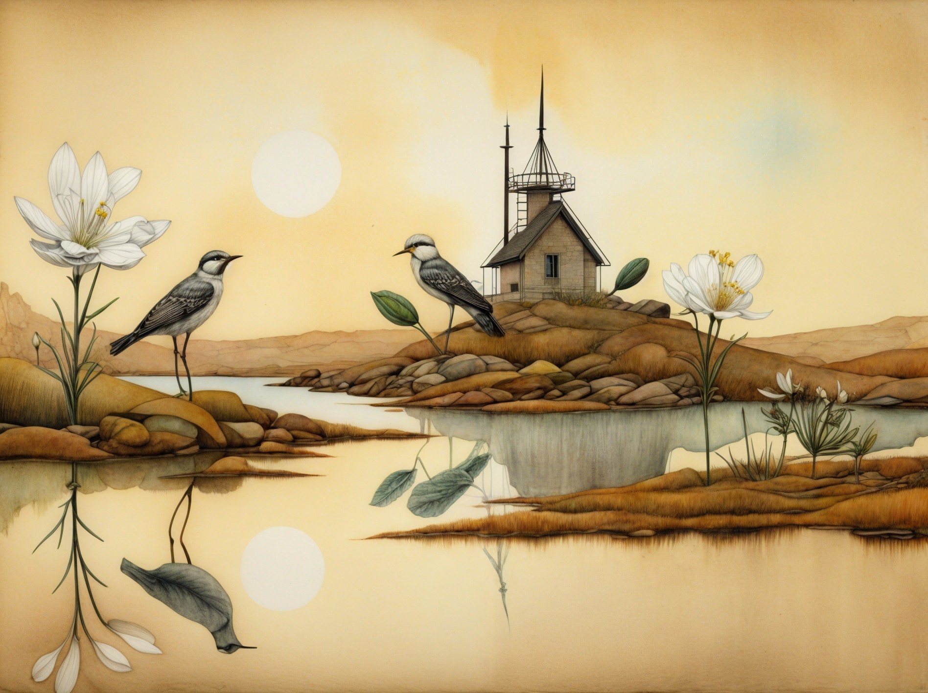 Watercolor Landscape with Birds and Flowers in Sky