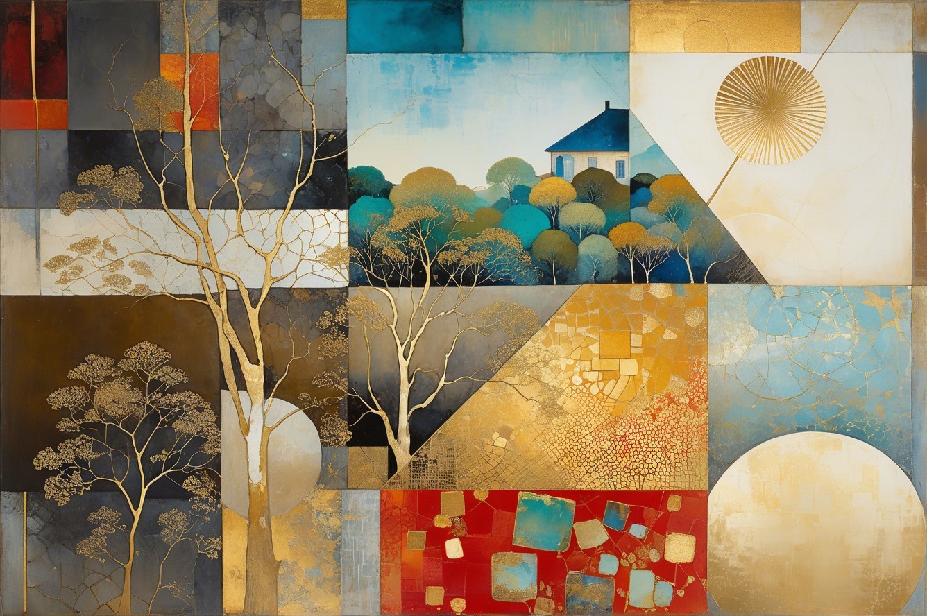 Abstract Landscape with Geometric Sections and Nature Motifs