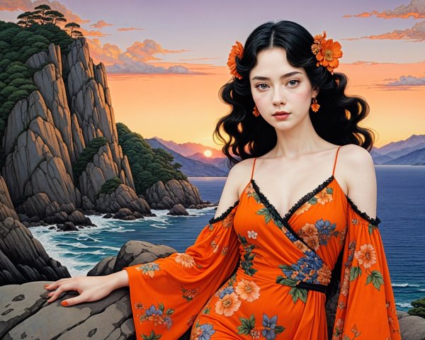 Young Woman in Floral Dress at Coastal Sunset Scene