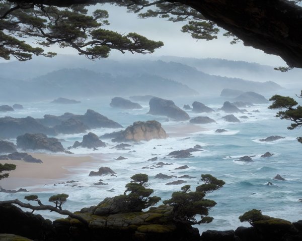 Serene Coastal Scene with Rocky Shores and Misty Sky