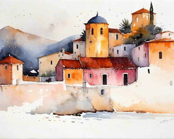 Mediterranean Village Watercolor with Tranquil Landscape