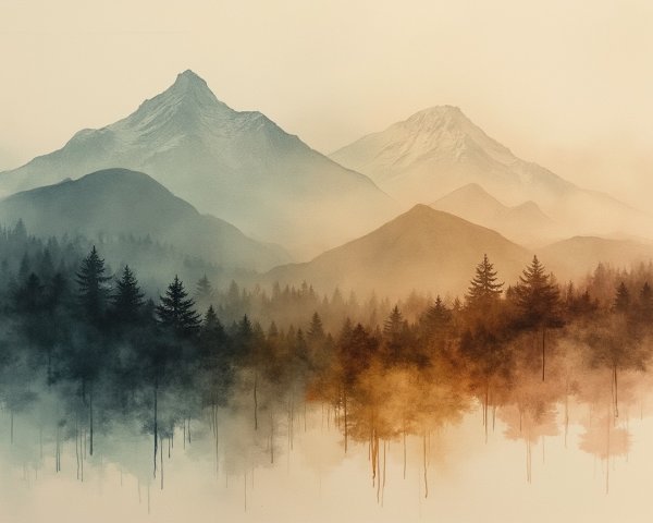 Serene Mountain Landscape with Autumn Hues and Mist