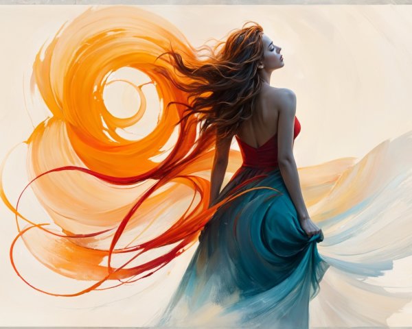 Woman in flowing red top and teal skirt with swirls