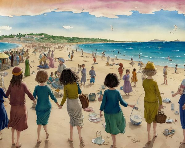 Coastal Beach Scene with People and Vibrant Sky