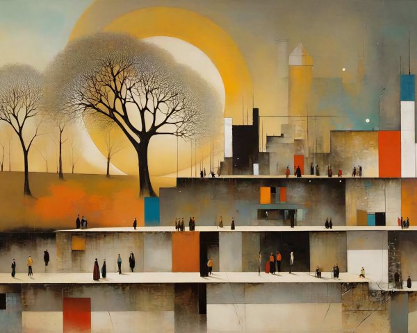 Minimalist Abstract Painting of Surreal Landscape and Cityscape