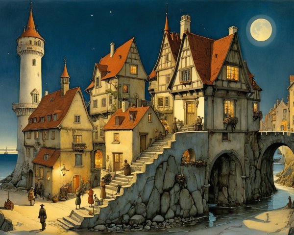 Whimsical Night Scene of a Charming Village