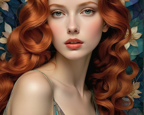 Young woman with red hair against floral backdrop
