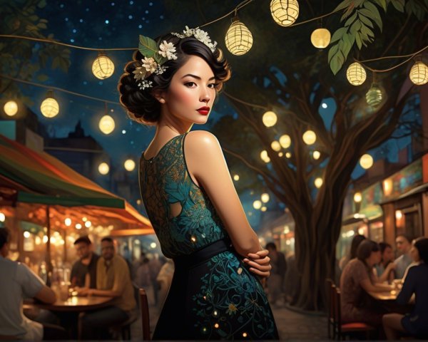 Elegant Woman in Teal Dress at Enchanting Night Market