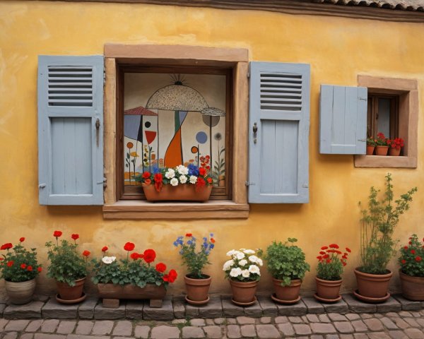 Sunlit Yellow Wall with Blue Shutters and Flower Pots