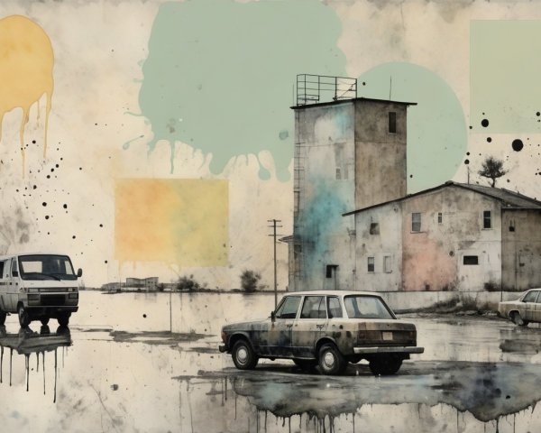 Desolate Landscape with Vintage Cars and Abstract Colors