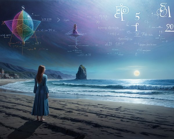 Twilight Beach Scene with Cosmic Sky and Woman