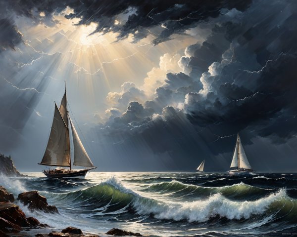 Dramatic Seascape with Sailboats and Turbulent Waves