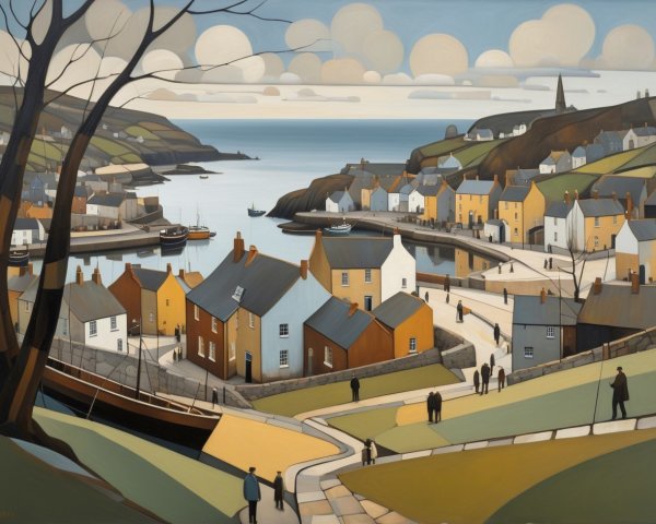 Stylized Coastal Village with Charming Houses and Harbor