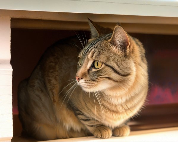 Tabby Cat with Green Eyes in Cozy Nook