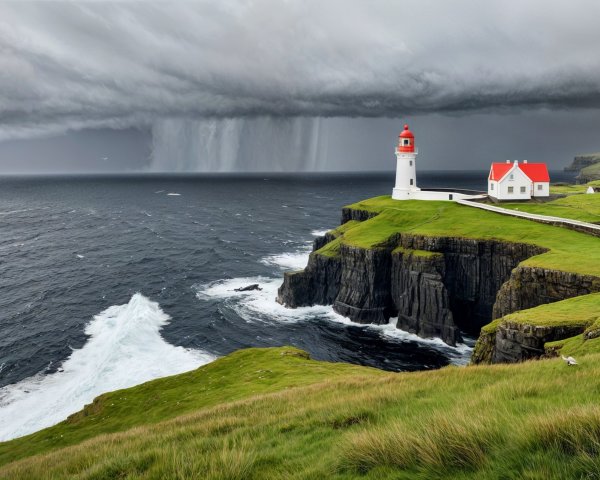Lighthouse on Cliff with Turbulent Ocean and Clouds
