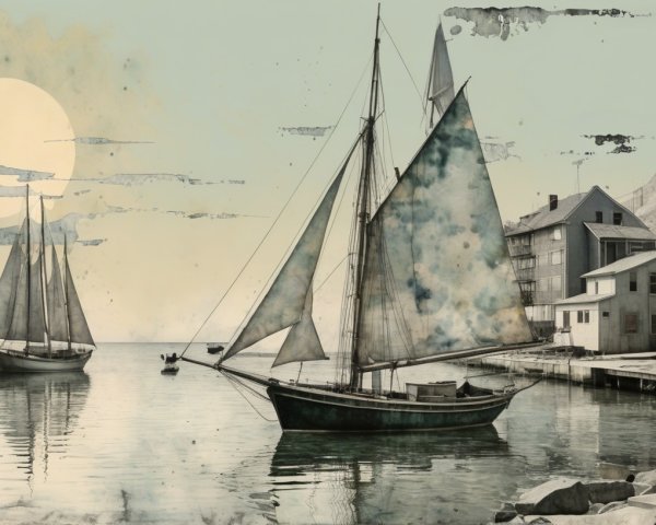 Serene Coastal Scene with Sailboats and Gentle Sun