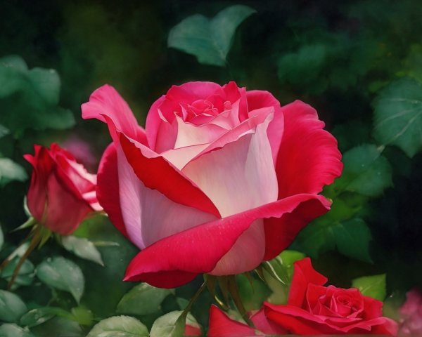 Vibrant Red Rose with White Edges in Green Background
