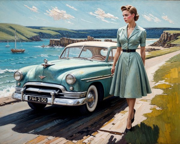 Vintage Seaside Scene with Classic Car and Elegant Woman