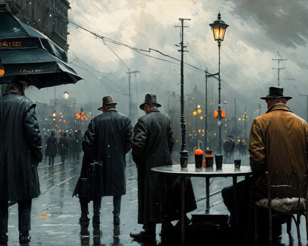 Dark Atmospheric Oil Painting of Rainy City Street