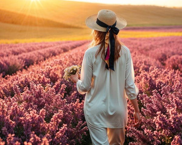 Woman in Lavender Field at Sunset with Flowers