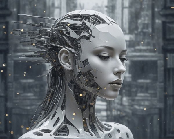 Futuristic Humanoid Figure with Metallic Head and Circuitry