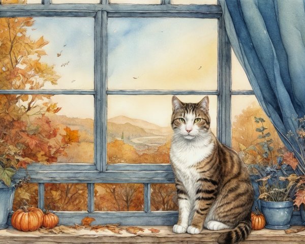 Cozy Autumn Window View with Foliage and Cat