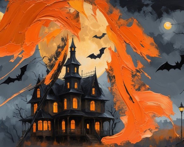 Gothic Mansion Under Stormy Sky with Eerie Moonlight