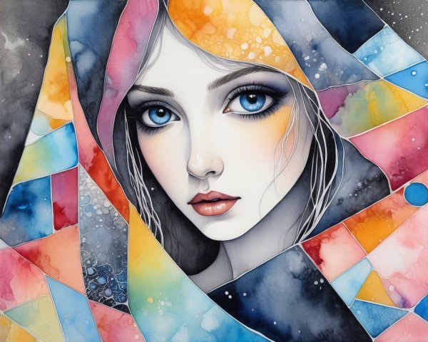 Portrait of a Woman with Blue Eyes and Abstract Shawl