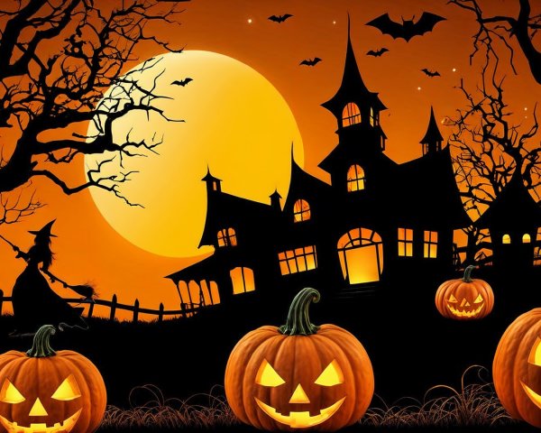 Haunted House Scene with Full Moon and Pumpkins