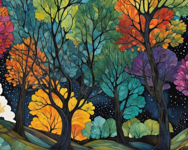 Colorful Night Forest Scene with Starry Background