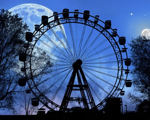 Silhouette of Ferris Wheel Under Twilight Moons