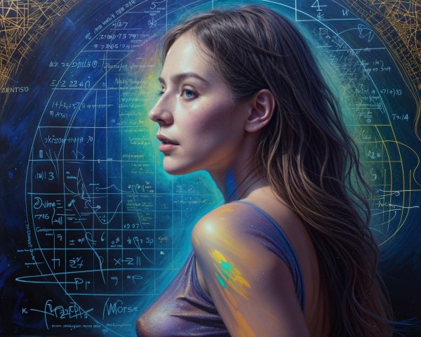 Woman with Wavy Hair Against Mathematical Backdrop