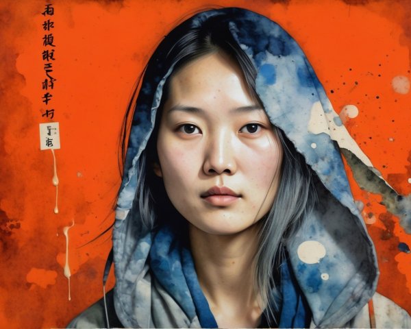 Young woman in blue-gray hood with orange background